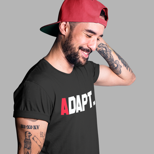 Smiling tattooed man in Adapt t-shirt mockup